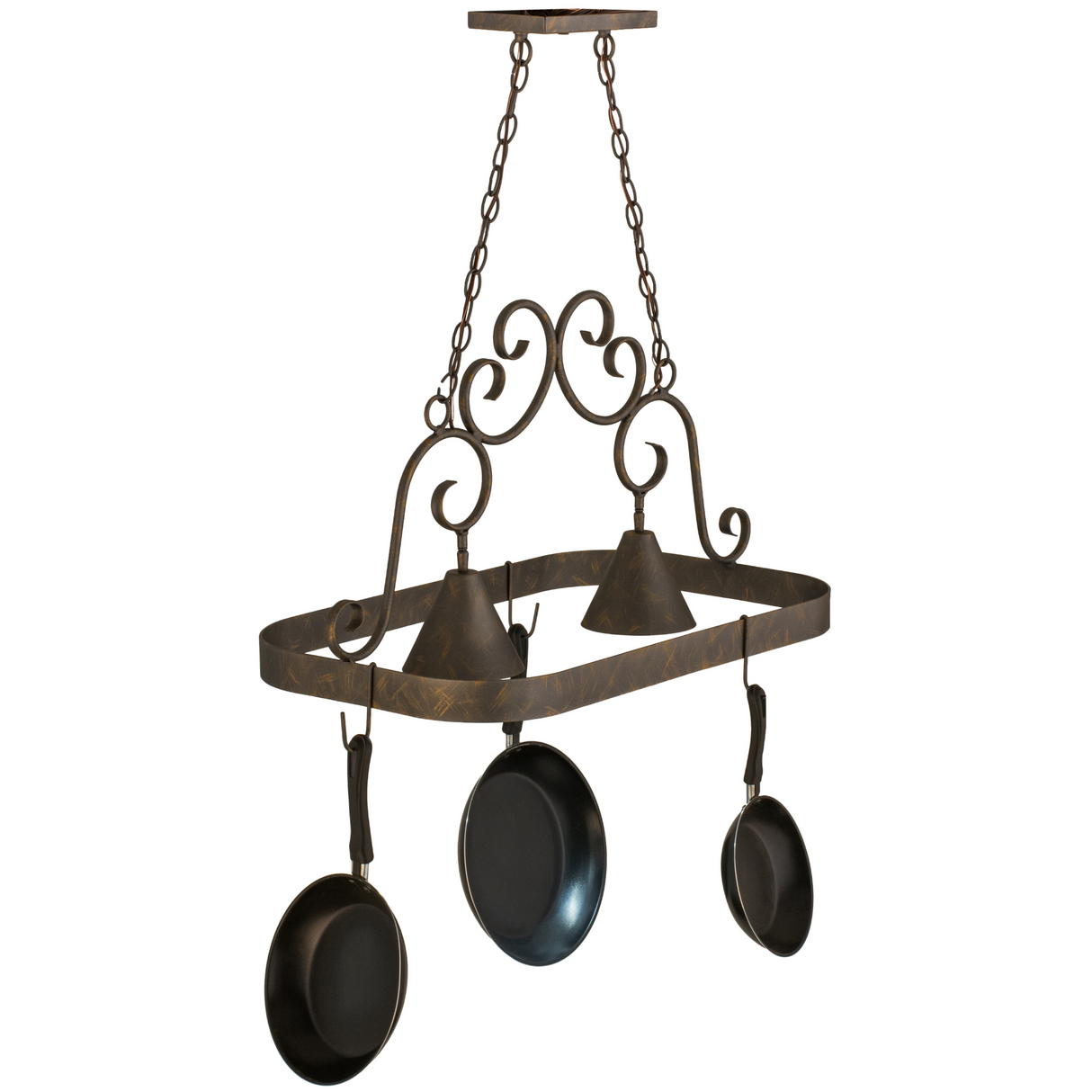 Side view of unlit Elana pot rack highlighting scrollwork design.