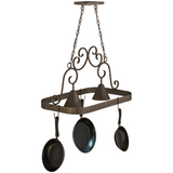 Side view of unlit Elana pot rack highlighting scrollwork design.