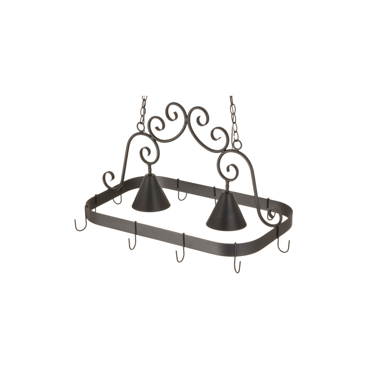 Side profile of Elana pot rack chandelier showcasing rectangular frame and hooks.