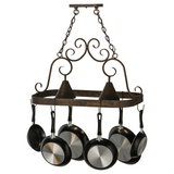 Elana kitchen chandelier with pots and pans hanging.