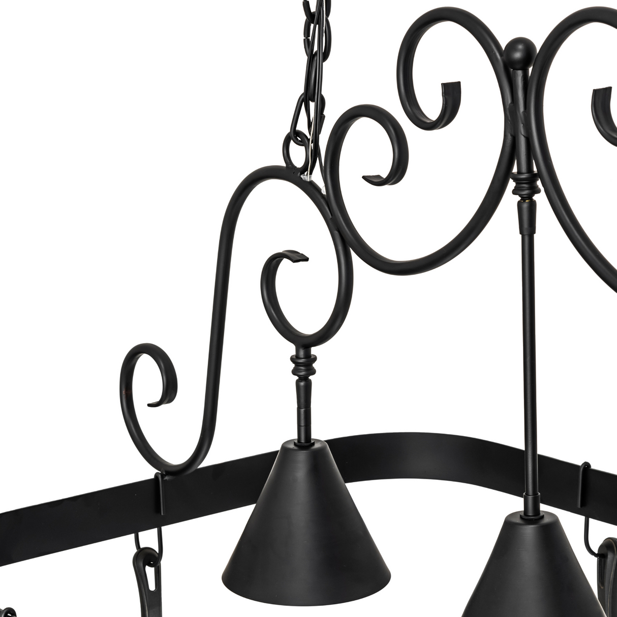 Close-up of Elana pot rack showing iron scrolls and lights.