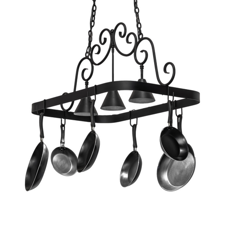 Elana 3 light pot rack chandelier with cookware hanging.