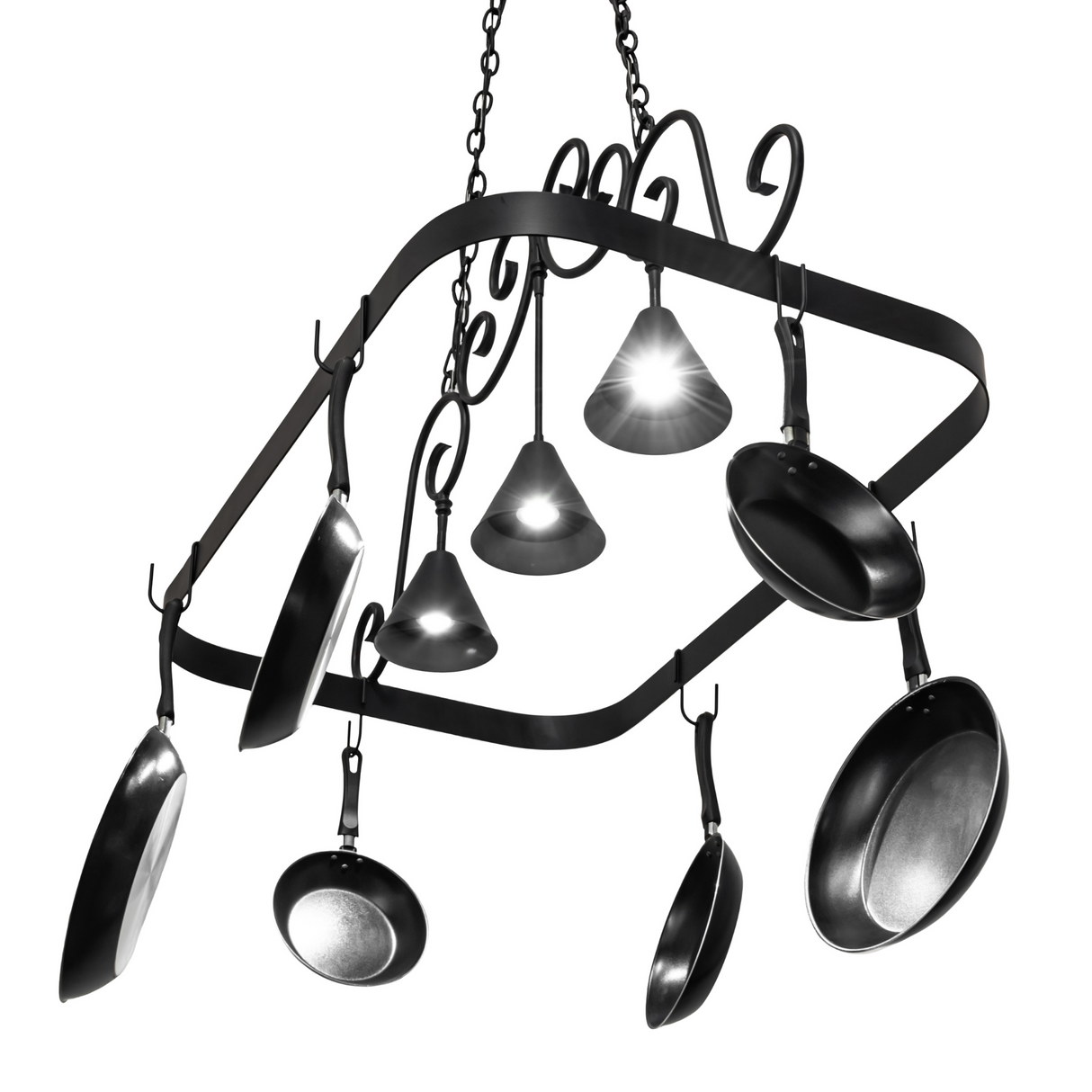 Angled view of Elana 3 Light Pot Rack with lights illuminated.