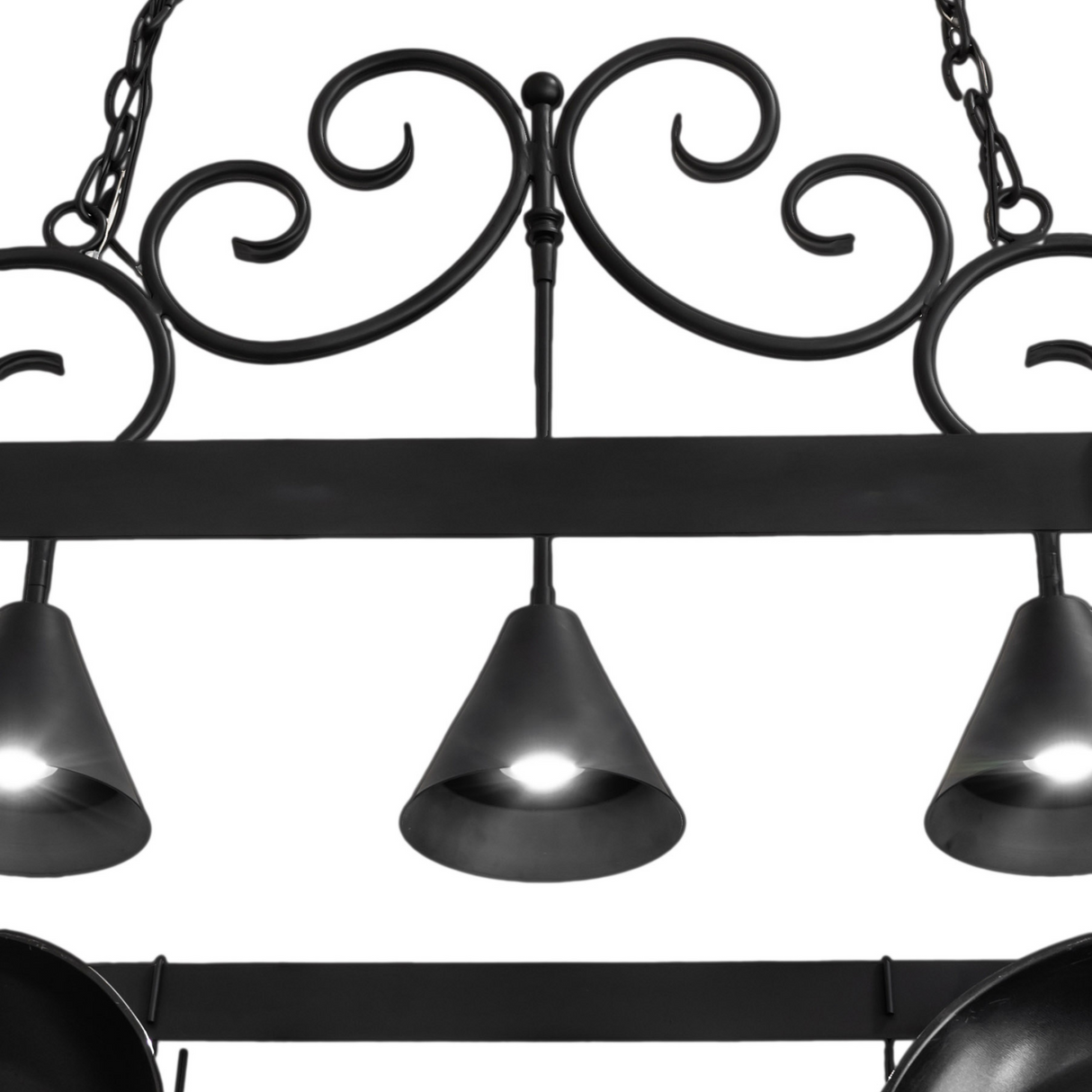 Close-up of blackwash finish and cone shade on Elana Pot Rack.