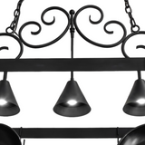 Close-up of blackwash finish and cone shade on Elana Pot Rack.