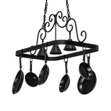 Side angle of Elana 3 light pot rack with pans.