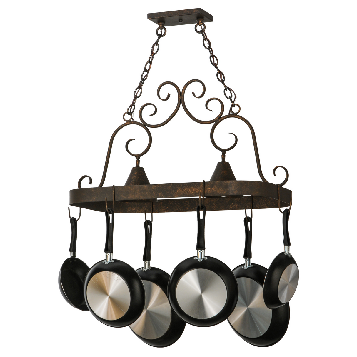 Side view of Elana hanging pot rack with bronze finish.