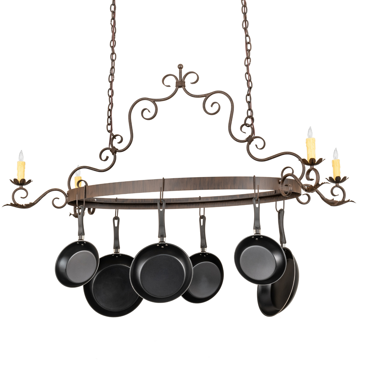 Straight-on unlit view of Elara pot rack chandelier.
