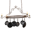 Front view of Elara 4 Light Pot Rack with hanging pans.