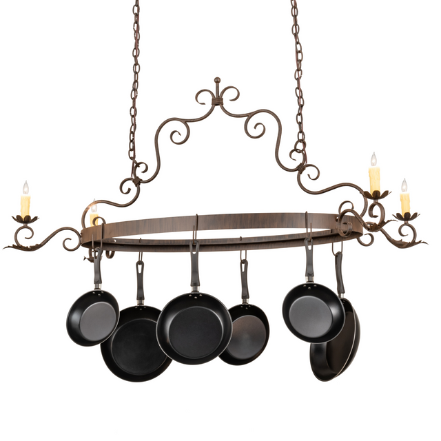Front view of Elara 4 Light Pot Rack with hanging pans.