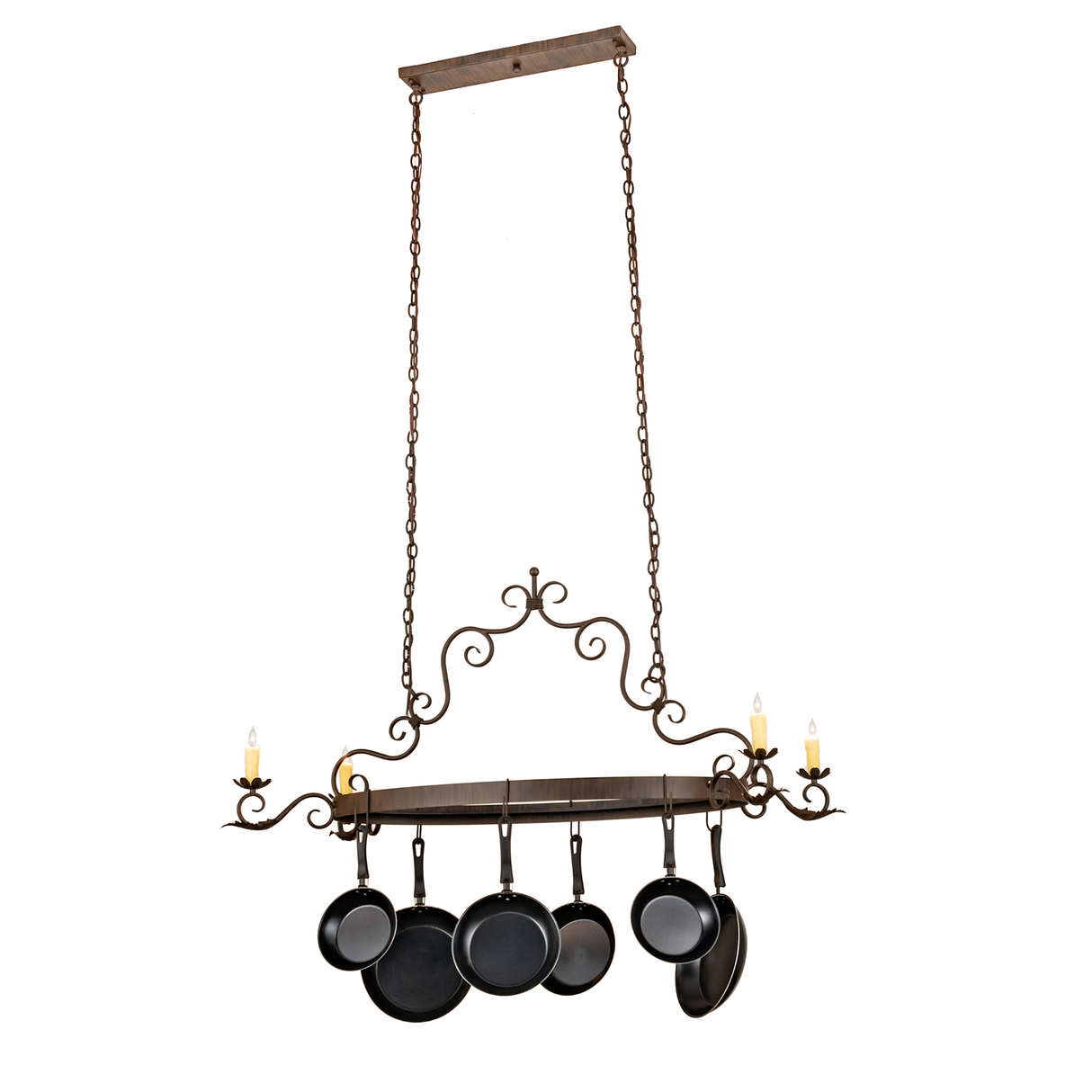 Full hanging view of Elara 4 Light Pot Rack with chains and pans.