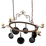 Overhead angled view of oval frame and hanging cookware.