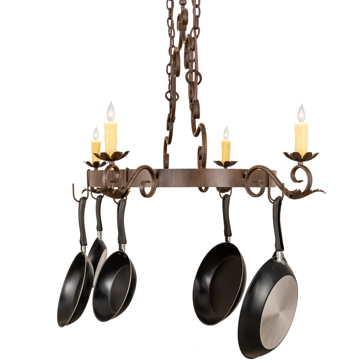 Side angle view of Elara 4 Light Pot Rack highlighting scroll arms.