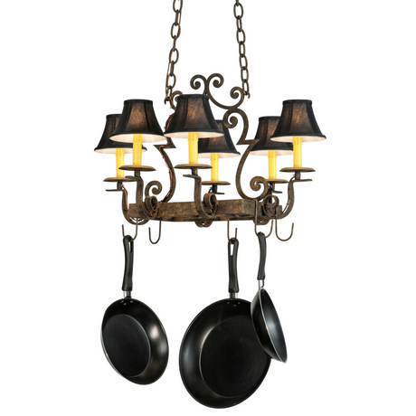 Front view of 28" Elara 6-light pot rack chandelier with black shades.