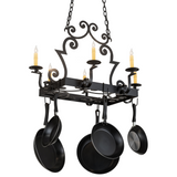 Front view of 35" Elara 6 Light Pot Rack chandelier with pans.