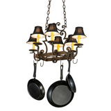 Side profile of rustic Elara pot rack with six shaded candlelights.