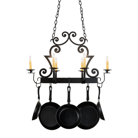 Straight-on view of Elara 6 Light Pot Rack displaying cookware.