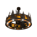 Bottom angled lit view emphasizing fan blades and downlights.