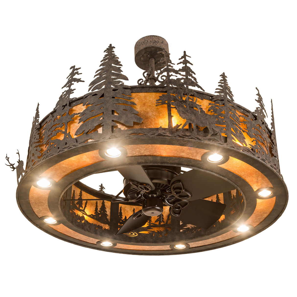 Bottom angled lit view showing fan blades and circular downlights.