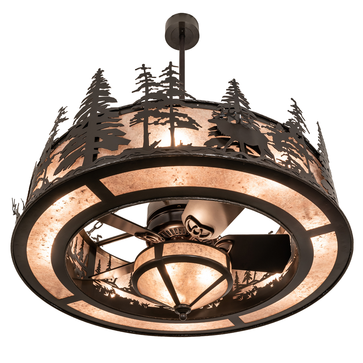 Bottom angled view showing fan blades and glowing Silver Mica diffuser.