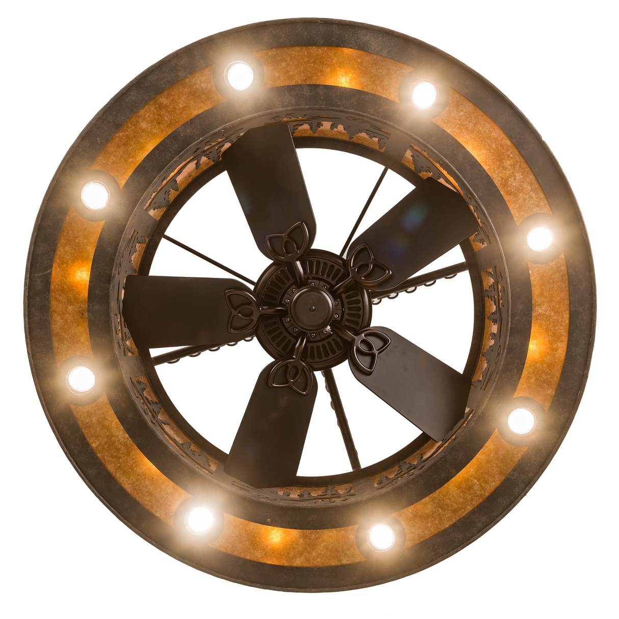Bottom lit view of Elk at Dusk Chandel-Air with fan and LED downlights.