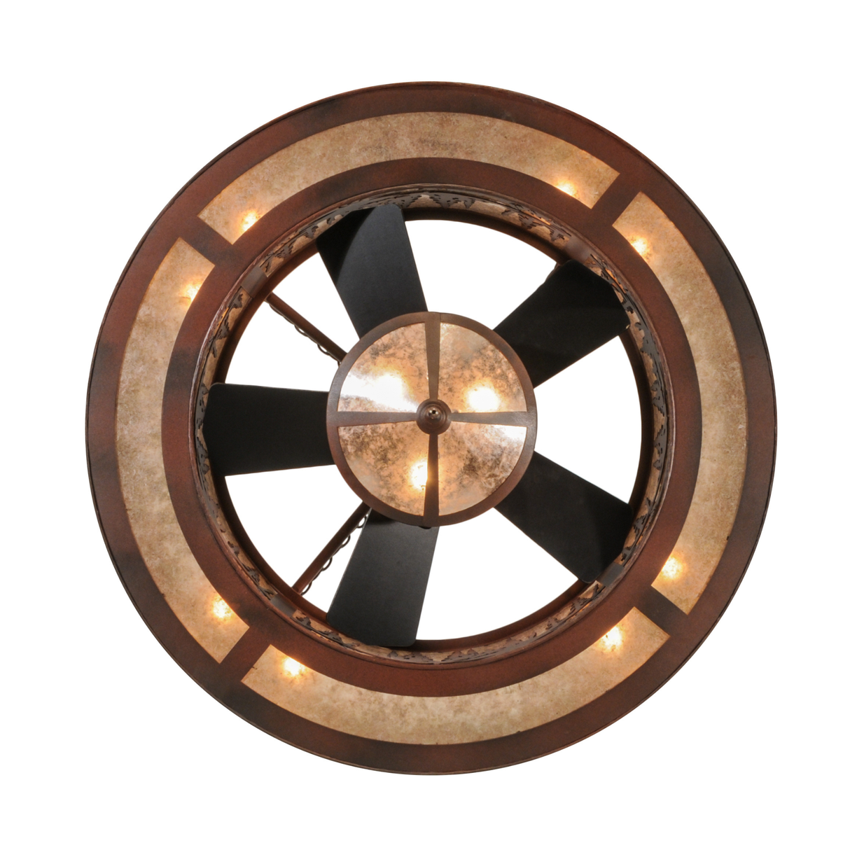 Bottom lit view displaying fan blades and mica diffuser illumination.