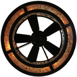 Bottom lit view showing five fan blades and glowing mica diffuser.