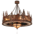 Front angle lit view showing elk and pine silhouettes glowing warmly.