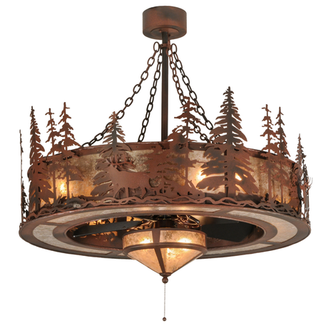 Front angle lit view showing elk and pine silhouettes glowing warmly.