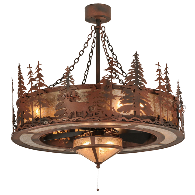 Front angle lit view showing elk and pine silhouettes glowing warmly.