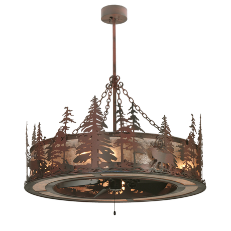 Front angled lit view showing elk and pine tree silhouette design.