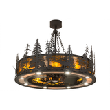 Front angled lit view showing elk and pine silhouettes glowing warmly.