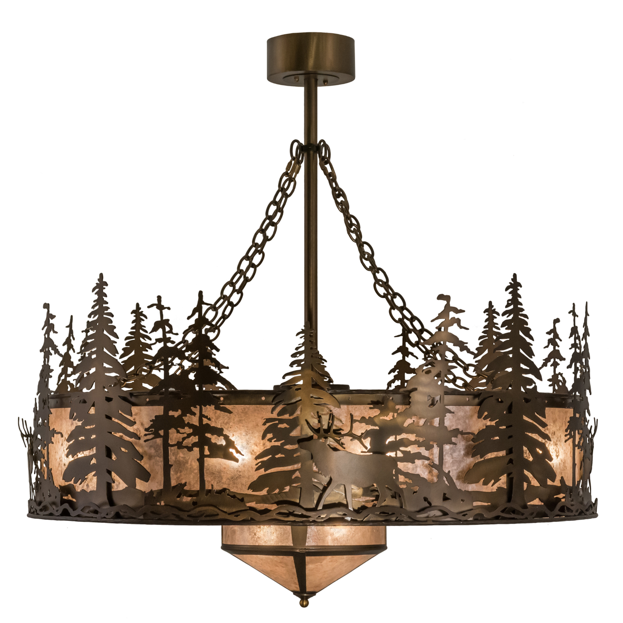Front illuminated view showing elk and pine tree cutouts on mica panels.