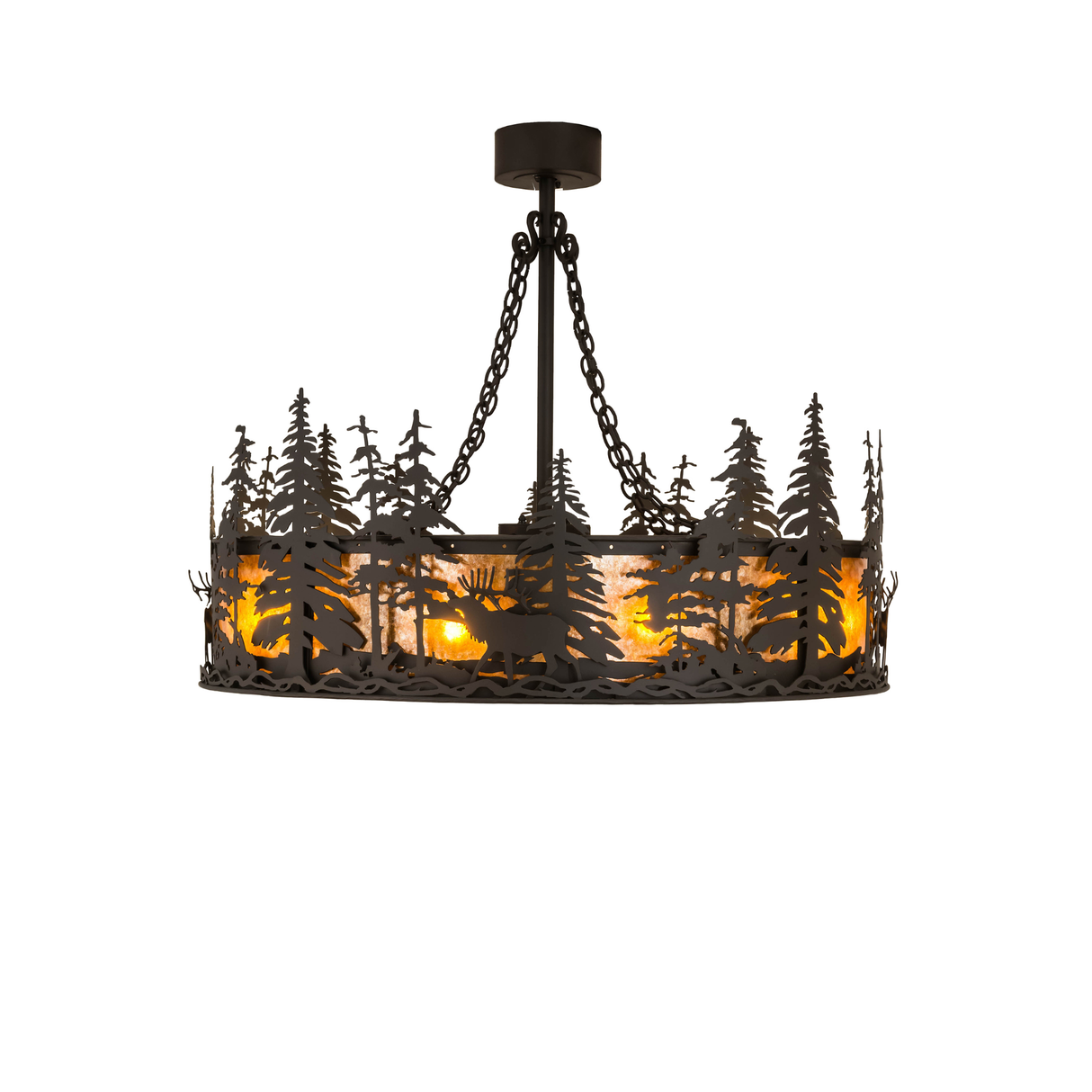 Front lit view displaying forest silhouette with warm amber glow.