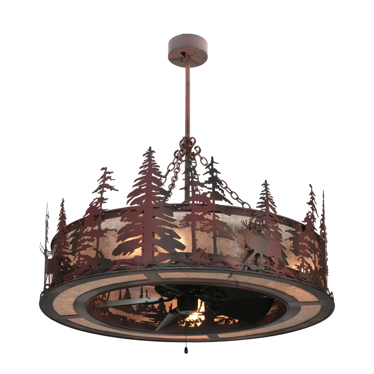 Front lit view showcasing glowing mica panels and woodland detail.
