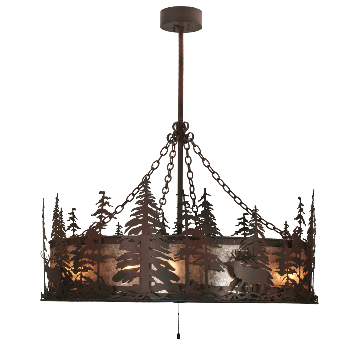 Side lit angled view revealing elk silhouette and pine forest pattern.