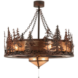 Side lit view showing detailed elk and tree silhouette artwork.