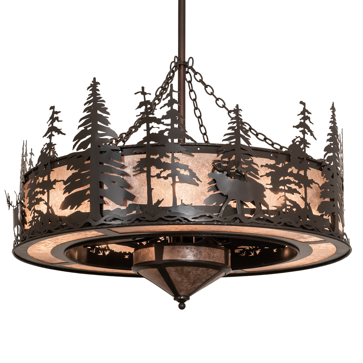 Unlit angled view showing bronze forest scene and elk detailing.