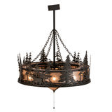 Angled lit view highlighting rustic forest pattern and mica shade.