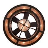 Bottom lit view revealing fan blades and circular lighting.