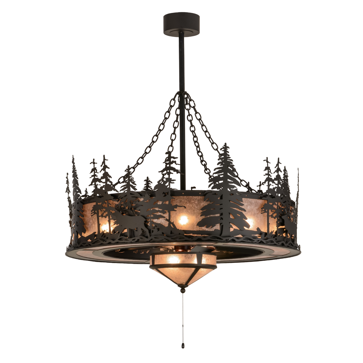 Front angle lit view showing elk and pine tree silhouette design.