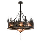Front angle lit view showing elk and pine tree silhouette design.
