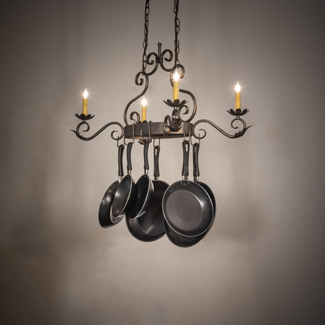 Eloise 4-light pot rack chandelier lit in dining room.
