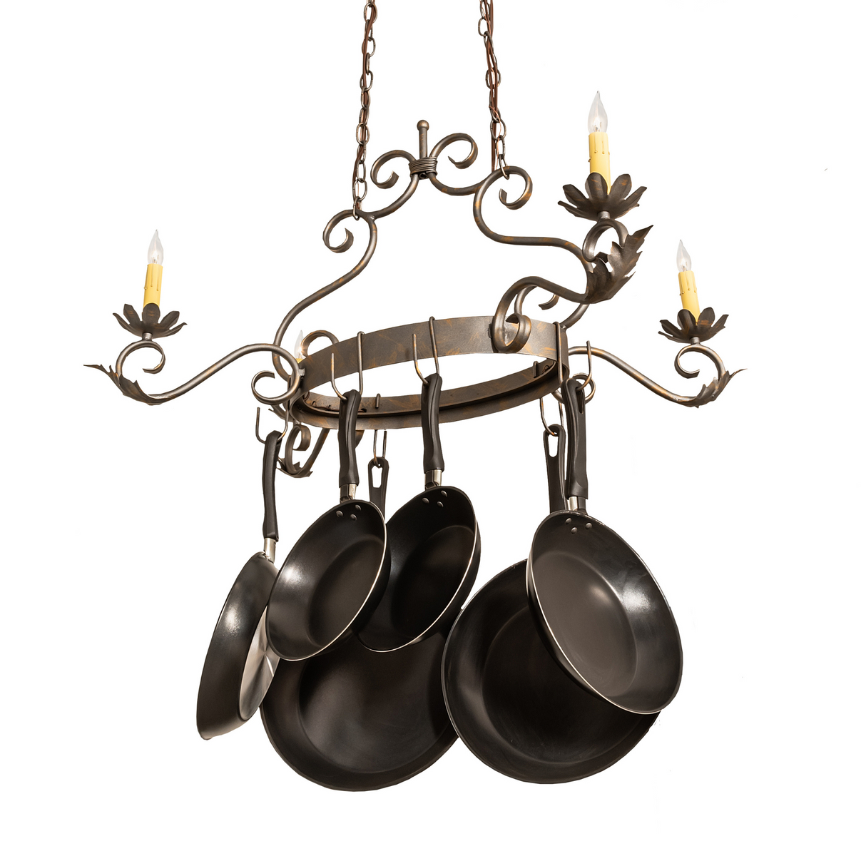 Angled view of Eloise chandelier with scrollwork and pans.