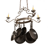 Angled view of Eloise chandelier with scrollwork and pans.