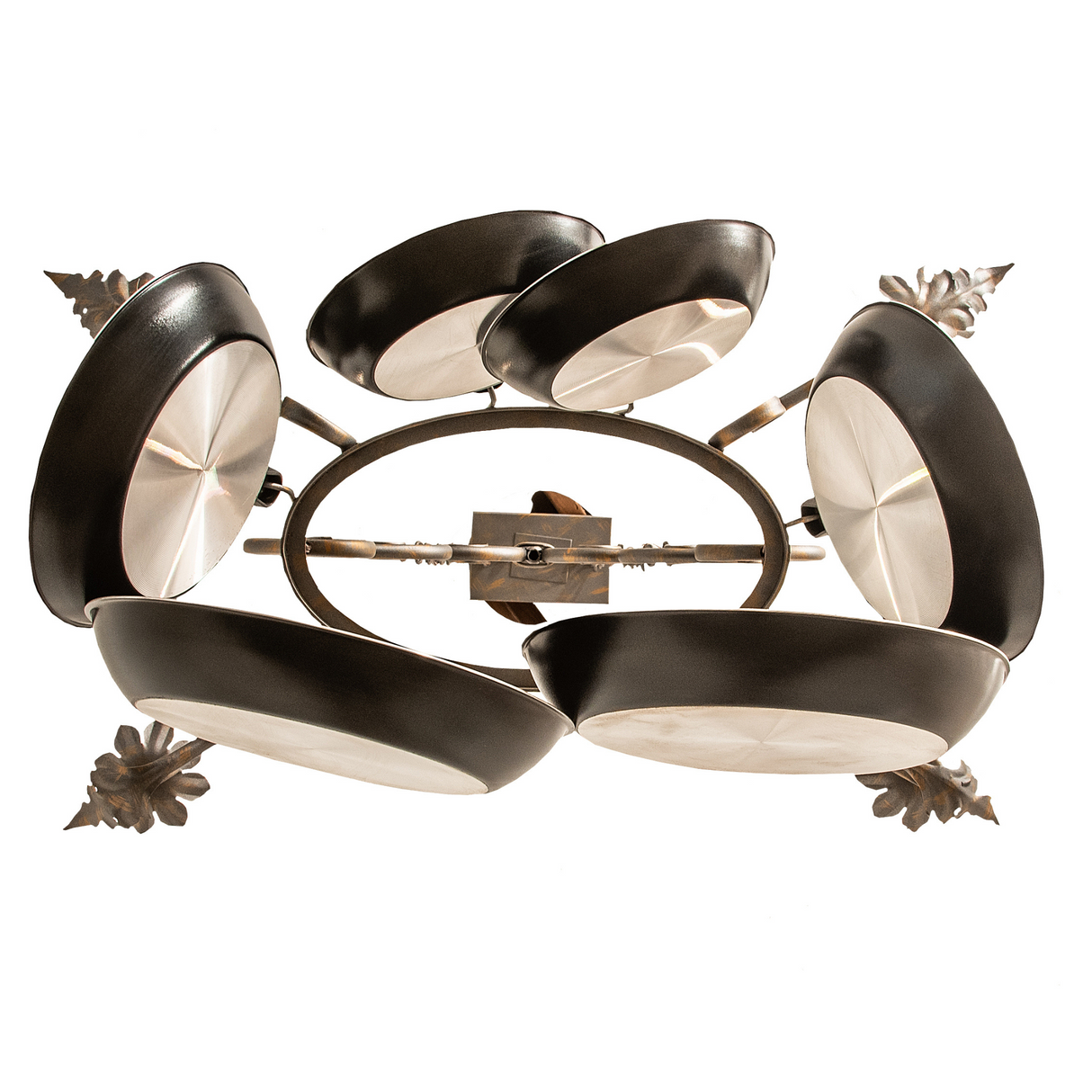 Bottom view of Eloise chandelier showing cookware arrangement.
