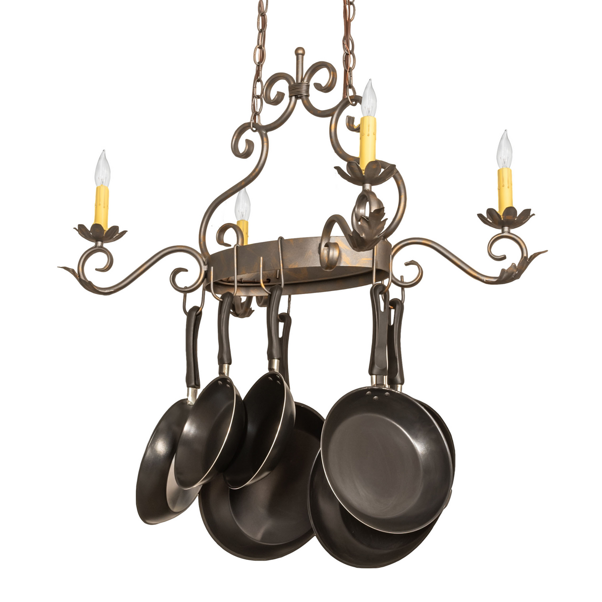 Front view of 32" Eloise 4-light pot rack chandelier.