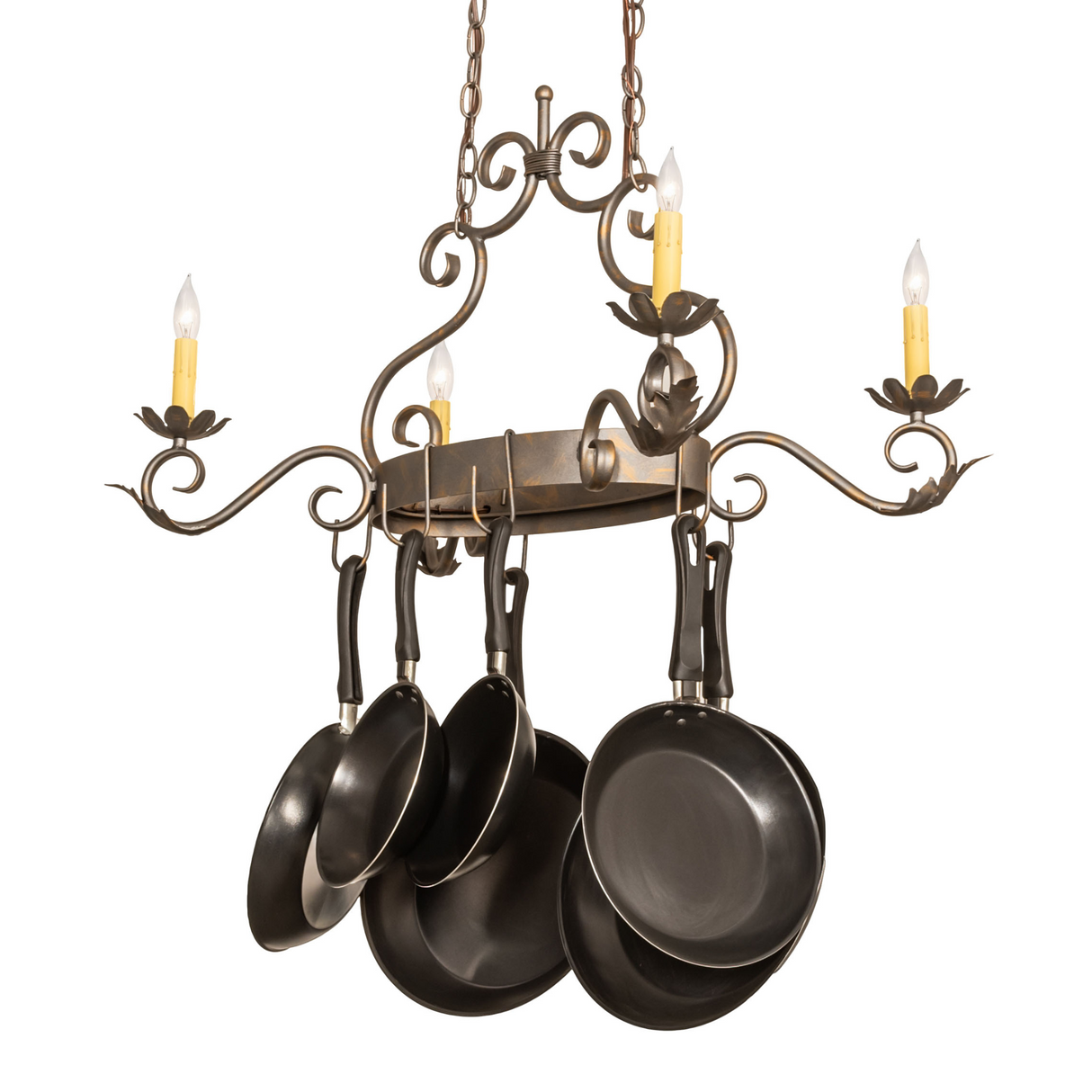 Side angle view of Eloise 4-light chandelier with pans.