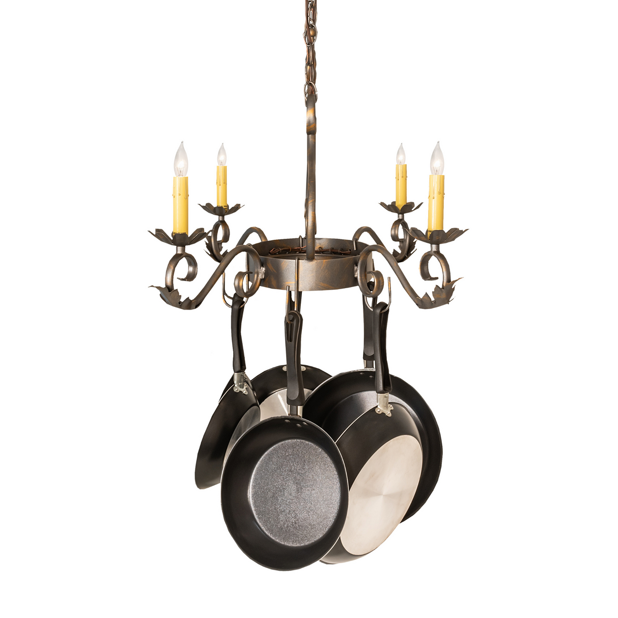 Side lit view of Eloise 4-light chandelier with cookware.