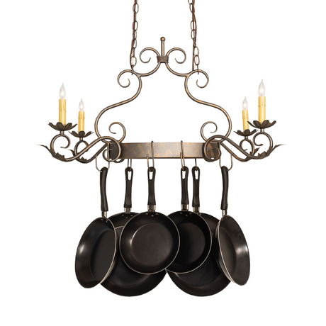 Straight front view of Eloise chandelier with hanging cookware.